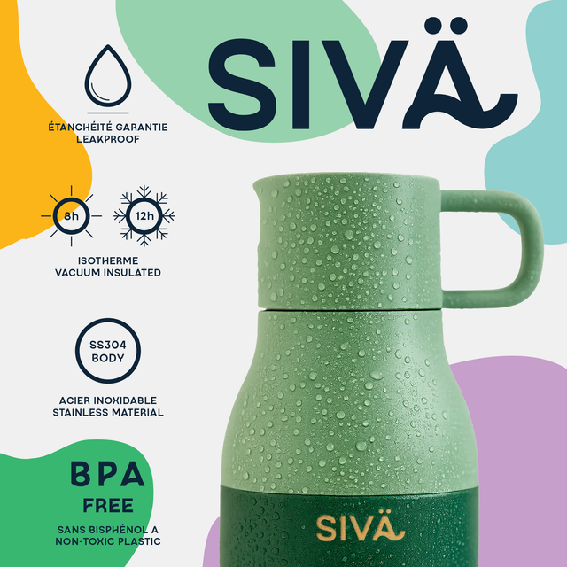SIVÄ - Gourde Étanche et Isotherme | Gourde Inox Durable avec Filtre Naturel au Charbon | Bouteille Thermique | 740ml | 12h froid & 8h chaud | Vert