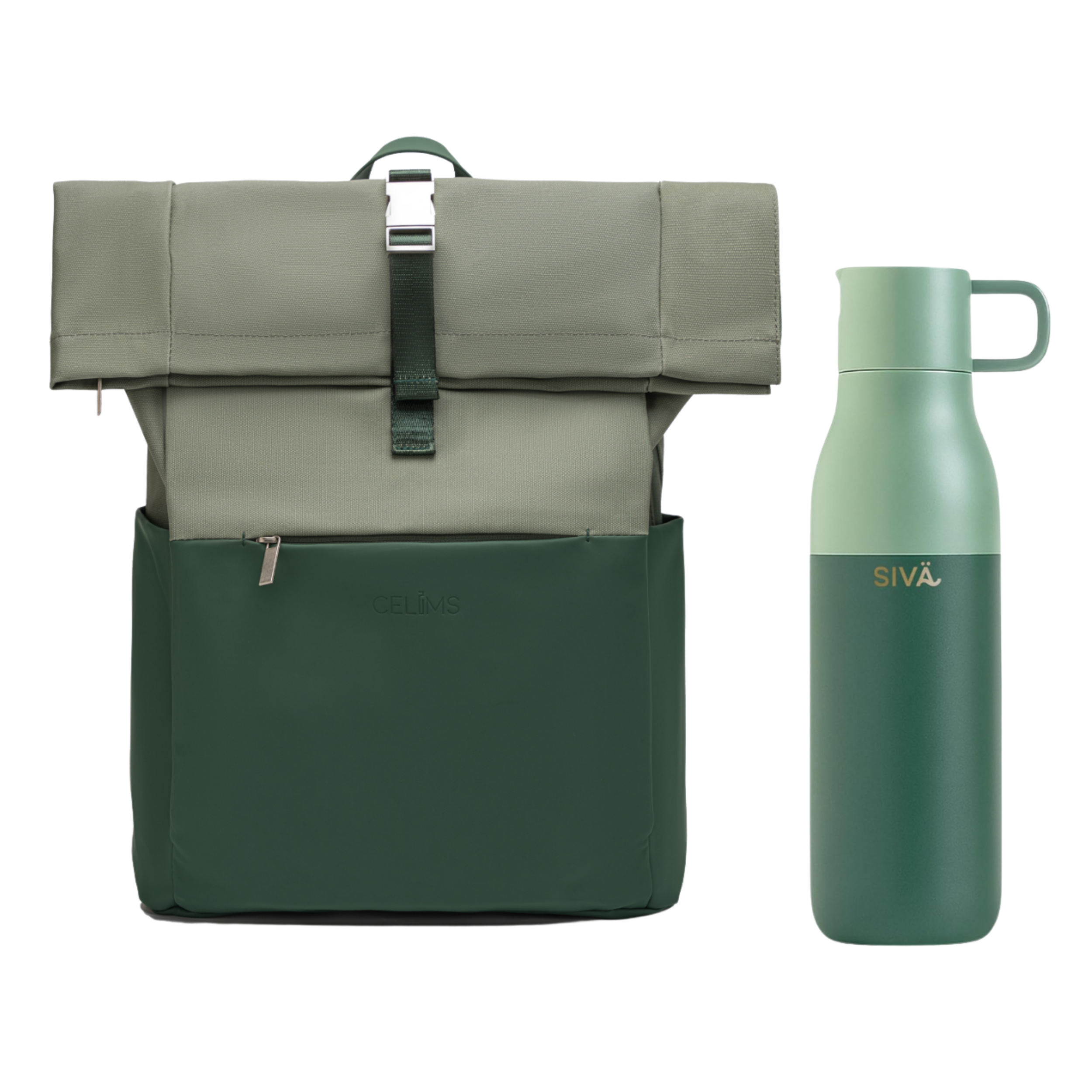 Mochila enrollable CELIMS - Equipaje de mano 40x30x20cm - Impermeable y ultrarresistente - Verde