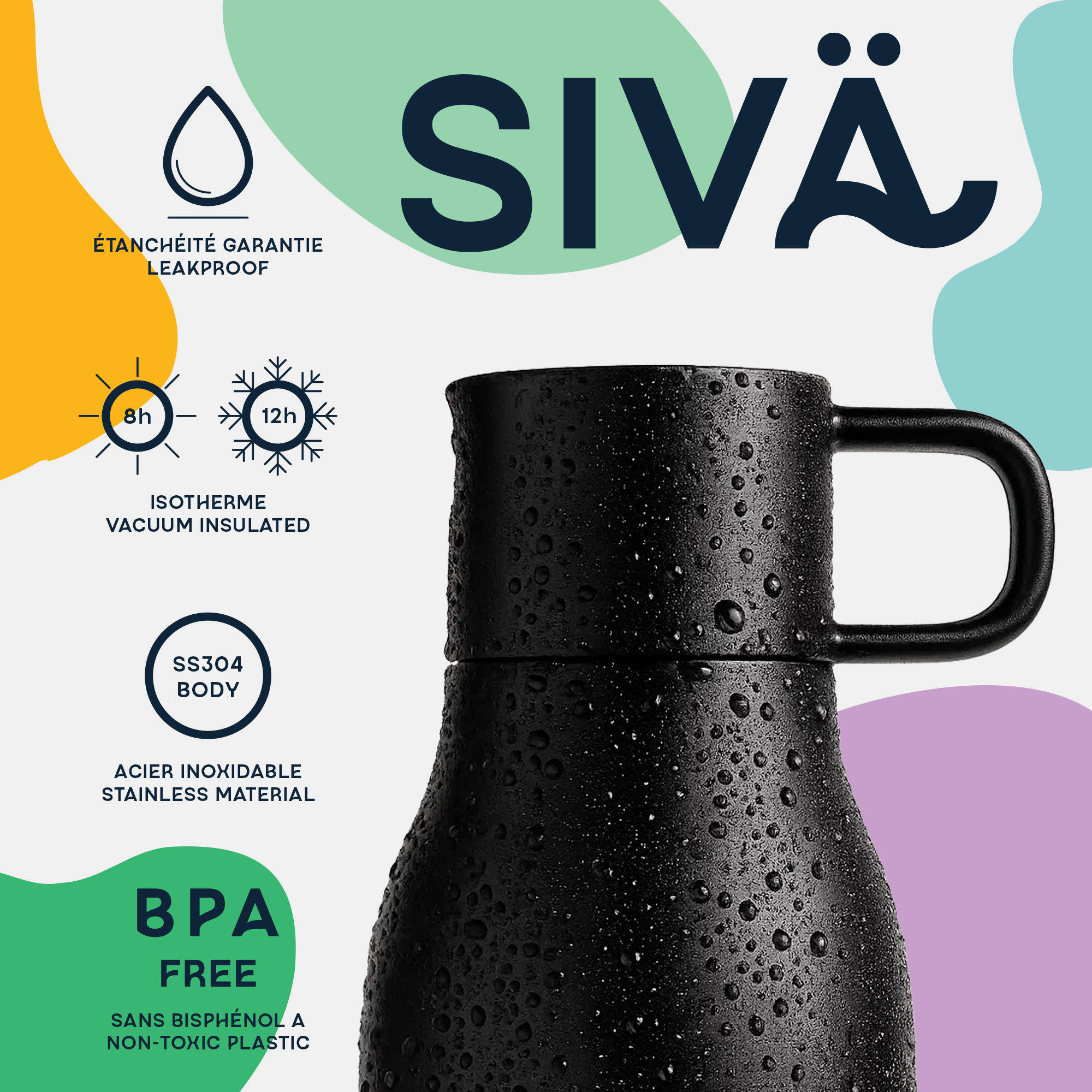 SIVÄ - Borraccia a tenuta stagna e isolata | Borraccia in acciaio inossidabile resistente con filtro al carbone naturale | Borraccia termica | 740 ml | 12 ore di freddo e 8 ore di caldo | Verde 